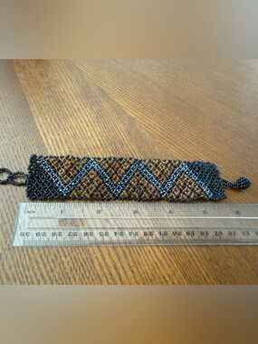 Hand Beaded Seed Bead Wide Cuff Bracelet Black Amber Gunmetal